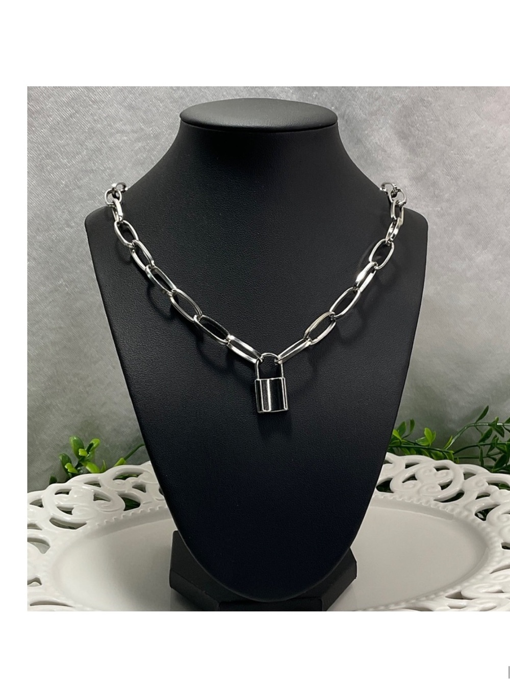 Silver Stainless Steel Padlock Pendant Link Chain Necklace